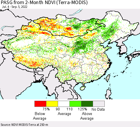 China, Mongolia and Taiwan PASG from 2-Month NDVI (Terra-MODIS) Thematic Map For 8/29/2022 - 9/5/2022