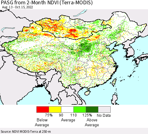 China, Mongolia and Taiwan PASG from 2-Month NDVI (Terra-MODIS) Thematic Map For 10/8/2022 - 10/15/2022