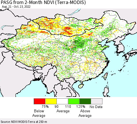 China, Mongolia and Taiwan PASG from 2-Month NDVI (Terra-MODIS) Thematic Map For 10/16/2022 - 10/23/2022