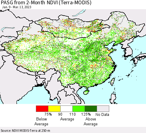 China, Mongolia and Taiwan PASG from 2-Month NDVI (Terra-MODIS) Thematic Map For 3/6/2023 - 3/13/2023