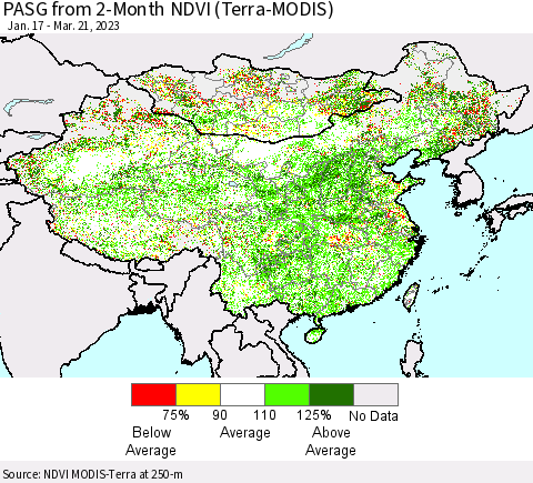 China, Mongolia and Taiwan PASG from 2-Month NDVI (Terra-MODIS) Thematic Map For 3/14/2023 - 3/21/2023