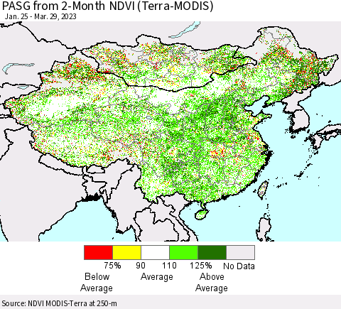China, Mongolia and Taiwan PASG from 2-Month NDVI (Terra-MODIS) Thematic Map For 3/22/2023 - 3/29/2023