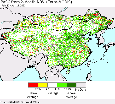 China, Mongolia and Taiwan PASG from 2-Month NDVI (Terra-MODIS) Thematic Map For 4/7/2023 - 4/14/2023