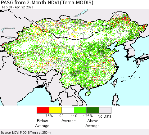 China, Mongolia and Taiwan PASG from 2-Month NDVI (Terra-MODIS) Thematic Map For 4/15/2023 - 4/22/2023