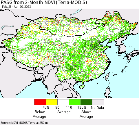 China, Mongolia and Taiwan PASG from 2-Month NDVI (Terra-MODIS) Thematic Map For 4/23/2023 - 4/30/2023