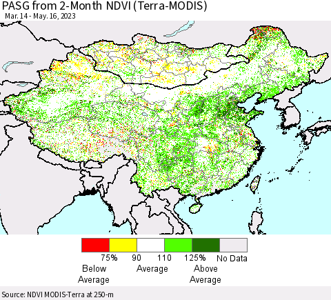 China, Mongolia and Taiwan PASG from 2-Month NDVI (Terra-MODIS) Thematic Map For 5/9/2023 - 5/16/2023