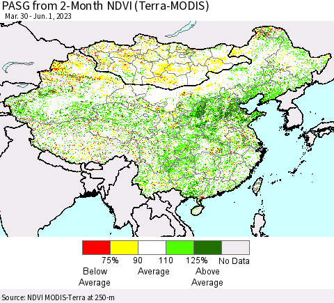 China, Mongolia and Taiwan PASG from 2-Month NDVI (Terra-MODIS) Thematic Map For 5/25/2023 - 6/1/2023