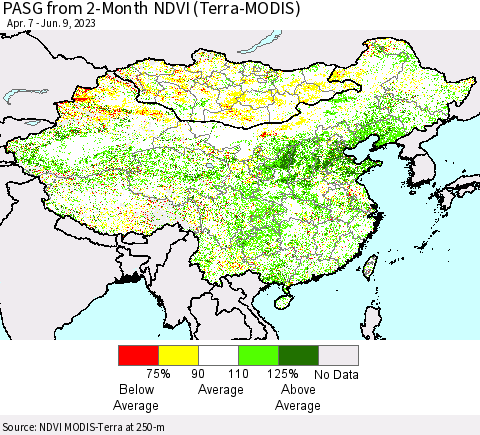 China, Mongolia and Taiwan PASG from 2-Month NDVI (Terra-MODIS) Thematic Map For 6/2/2023 - 6/9/2023