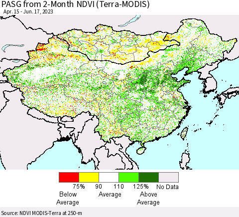 China, Mongolia and Taiwan PASG from 2-Month NDVI (Terra-MODIS) Thematic Map For 6/10/2023 - 6/17/2023