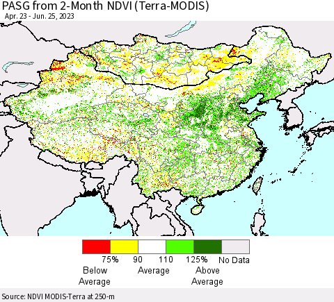 China, Mongolia and Taiwan PASG from 2-Month NDVI (Terra-MODIS) Thematic Map For 6/18/2023 - 6/25/2023
