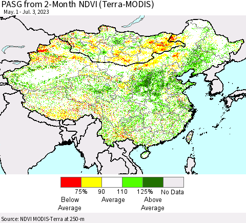 China, Mongolia and Taiwan PASG from 2-Month NDVI (Terra-MODIS) Thematic Map For 6/26/2023 - 7/3/2023