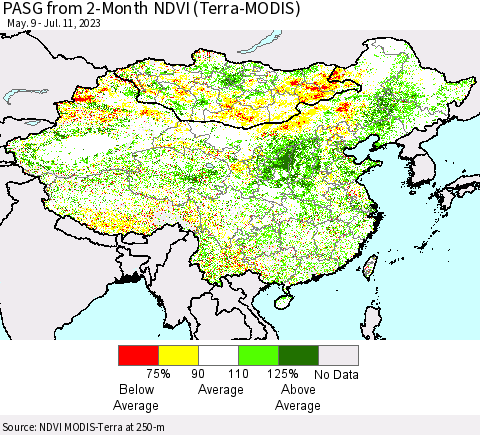 China, Mongolia and Taiwan PASG from 2-Month NDVI (Terra-MODIS) Thematic Map For 7/4/2023 - 7/11/2023