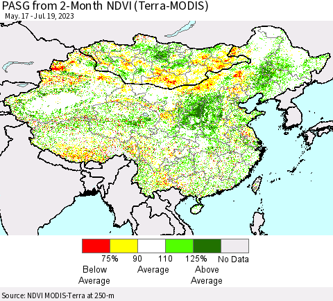 China, Mongolia and Taiwan PASG from 2-Month NDVI (Terra-MODIS) Thematic Map For 7/12/2023 - 7/19/2023