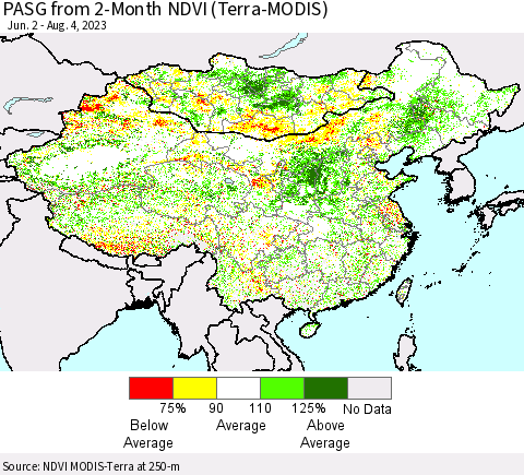 China, Mongolia and Taiwan PASG from 2-Month NDVI (Terra-MODIS) Thematic Map For 7/28/2023 - 8/4/2023