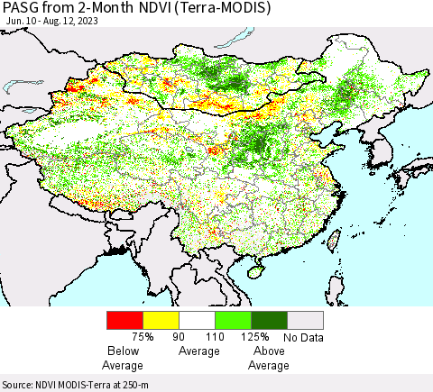 China, Mongolia and Taiwan PASG from 2-Month NDVI (Terra-MODIS) Thematic Map For 8/5/2023 - 8/12/2023