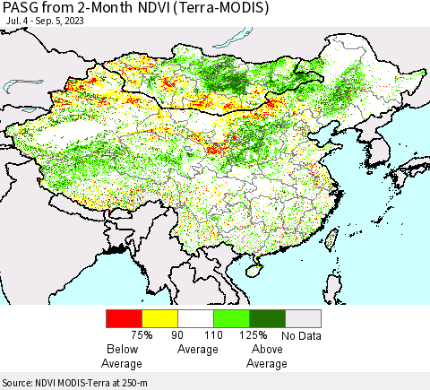 China, Mongolia and Taiwan PASG from 2-Month NDVI (Terra-MODIS) Thematic Map For 8/29/2023 - 9/5/2023