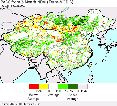 China, Mongolia and Taiwan PASG from 2-Month NDVI (Terra-MODIS) Thematic Map For 9/14/2023 - 9/21/2023