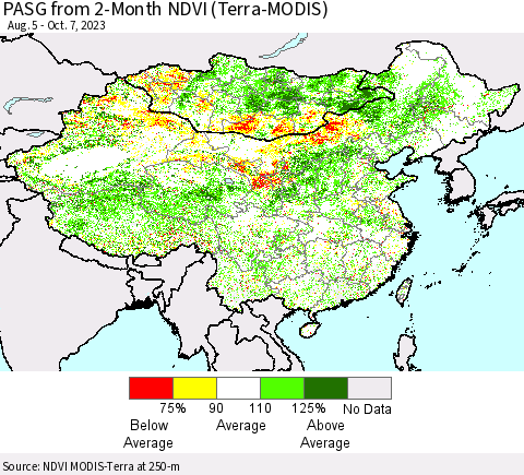 China, Mongolia and Taiwan PASG from 2-Month NDVI (Terra-MODIS) Thematic Map For 9/30/2023 - 10/7/2023