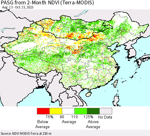 China, Mongolia and Taiwan PASG from 2-Month NDVI (Terra-MODIS) Thematic Map For 10/8/2023 - 10/15/2023
