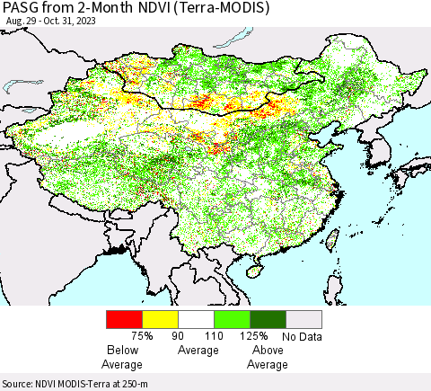 China, Mongolia and Taiwan PASG from 2-Month NDVI (Terra-MODIS) Thematic Map For 10/24/2023 - 10/31/2023
