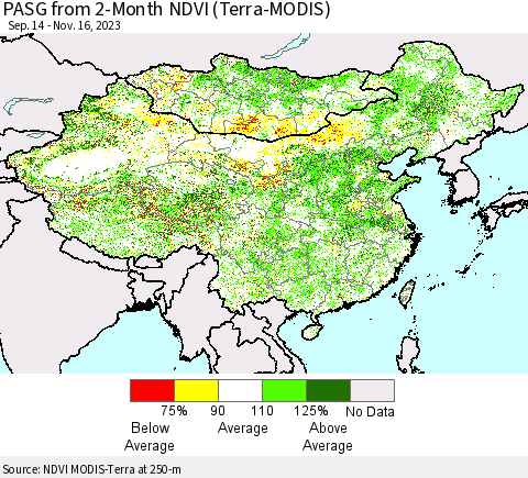 China, Mongolia and Taiwan PASG from 2-Month NDVI (Terra-MODIS) Thematic Map For 11/9/2023 - 11/16/2023