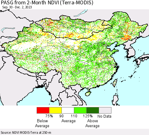 China, Mongolia and Taiwan PASG from 2-Month NDVI (Terra-MODIS) Thematic Map For 11/25/2023 - 12/2/2023