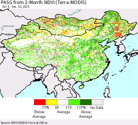 China, Mongolia and Taiwan PASG from 2-Month NDVI (Terra-MODIS) Thematic Map For 12/3/2023 - 12/10/2023