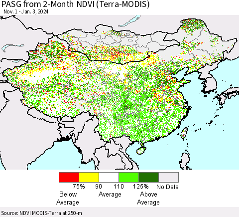 China, Mongolia and Taiwan PASG from 2-Month NDVI (Terra-MODIS) Thematic Map For 12/27/2023 - 1/3/2024