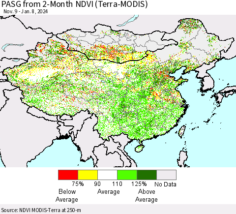 China, Mongolia and Taiwan PASG from 2-Month NDVI (Terra-MODIS) Thematic Map For 1/1/2024 - 1/8/2024