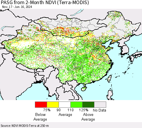China, Mongolia and Taiwan PASG from 2-Month NDVI (Terra-MODIS) Thematic Map For 1/9/2024 - 1/16/2024