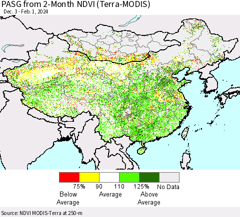 China, Mongolia and Taiwan PASG from 2-Month NDVI (Terra-MODIS) Thematic Map For 1/25/2024 - 2/1/2024