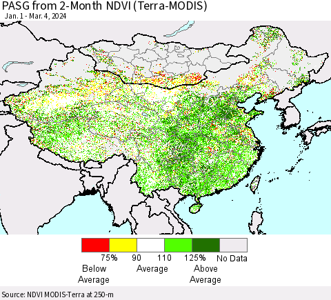 China, Mongolia and Taiwan PASG from 2-Month NDVI (Terra-MODIS) Thematic Map For 2/26/2024 - 3/4/2024