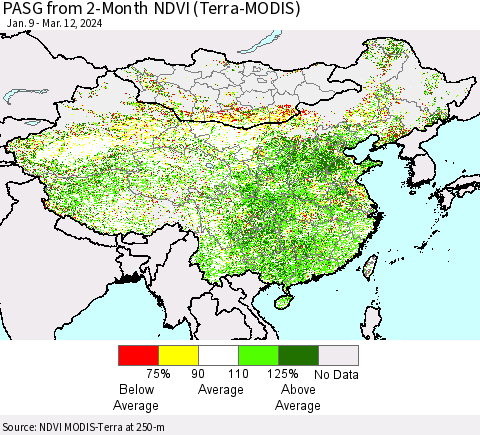 China, Mongolia and Taiwan PASG from 2-Month NDVI (Terra-MODIS) Thematic Map For 3/5/2024 - 3/12/2024