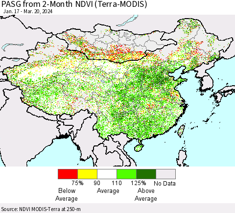 China, Mongolia and Taiwan PASG from 2-Month NDVI (Terra-MODIS) Thematic Map For 3/13/2024 - 3/20/2024