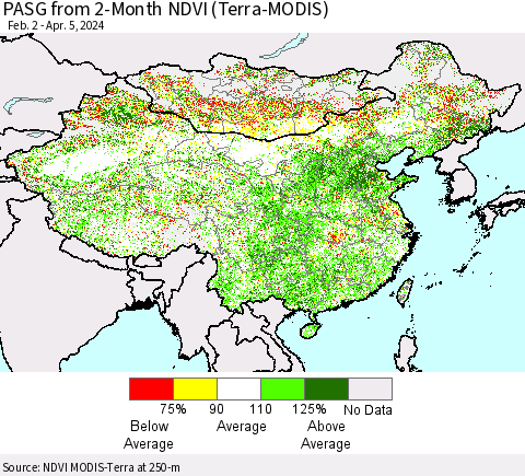 China, Mongolia and Taiwan PASG from 2-Month NDVI (Terra-MODIS) Thematic Map For 3/29/2024 - 4/5/2024