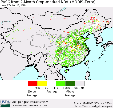 China and Taiwan PASG from 2-Month Cropland NDVI (Terra-MODIS) Thematic Map For 1/11/2019 - 1/20/2019