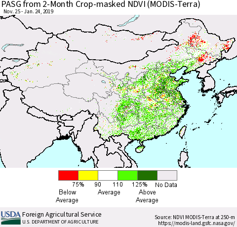 China and Taiwan PASG from 2-Month Cropland NDVI (Terra-MODIS) Thematic Map For 1/21/2019 - 1/31/2019