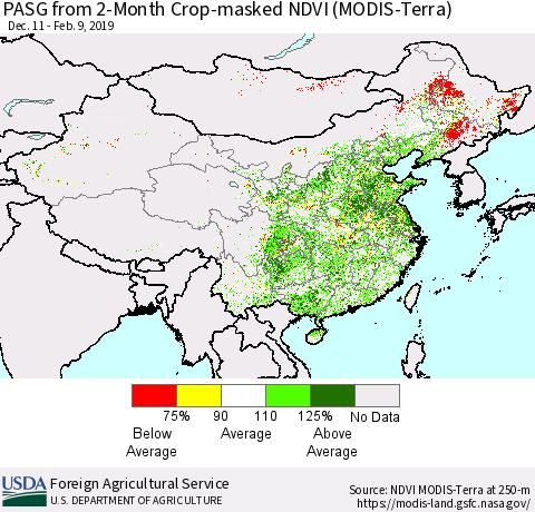 China and Taiwan PASG from 2-Month Cropland NDVI (Terra-MODIS) Thematic Map For 2/1/2019 - 2/10/2019