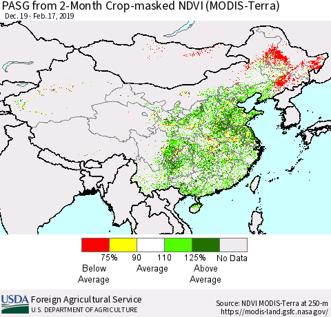 China and Taiwan PASG from 2-Month Cropland NDVI (Terra-MODIS) Thematic Map For 2/11/2019 - 2/20/2019