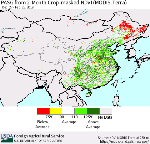 China and Taiwan PASG from 2-Month Cropland NDVI (Terra-MODIS) Thematic Map For 2/21/2019 - 2/28/2019