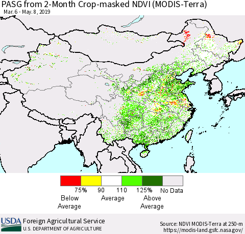 China and Taiwan PASG from 2-Month Cropland NDVI (Terra-MODIS) Thematic Map For 5/1/2019 - 5/10/2019
