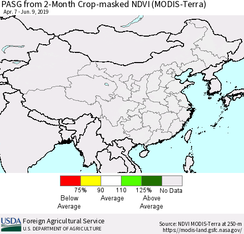 China and Taiwan PASG from 2-Month Cropland NDVI (Terra-MODIS) Thematic Map For 6/1/2019 - 6/10/2019