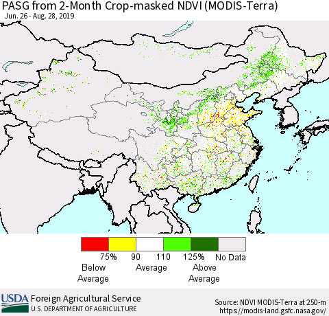 China and Taiwan PASG from 2-Month Cropland NDVI (Terra-MODIS) Thematic Map For 8/21/2019 - 8/31/2019