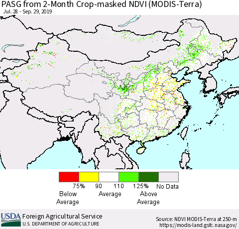 China and Taiwan PASG from 2-Month Cropland NDVI (Terra-MODIS) Thematic Map For 9/21/2019 - 9/30/2019