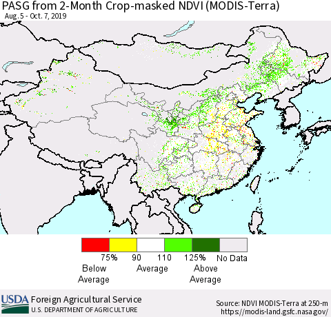 China and Taiwan PASG from 2-Month Cropland NDVI (Terra-MODIS) Thematic Map For 10/1/2019 - 10/10/2019