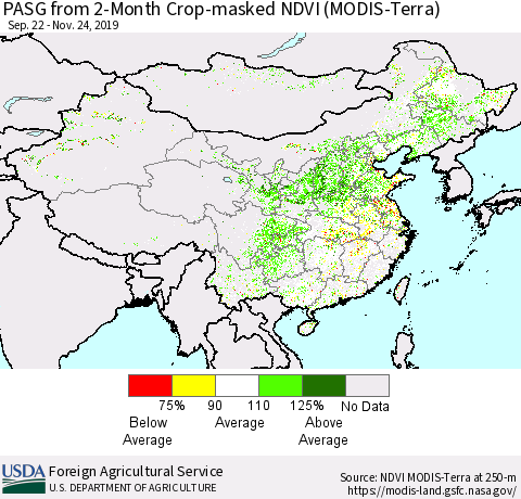 China, Mongolia and Taiwan PASG from 2-Month Cropland NDVI (Terra-MODIS) Thematic Map For 11/21/2019 - 11/30/2019