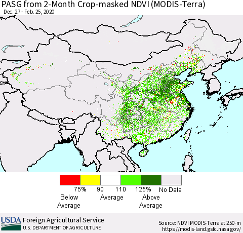 China, Mongolia and Taiwan PASG from 2-Month Cropland NDVI (Terra-MODIS) Thematic Map For 2/21/2020 - 2/29/2020