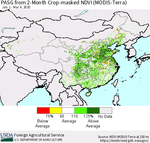 China, Mongolia and Taiwan PASG from 2-Month Cropland NDVI (Terra-MODIS) Thematic Map For 3/1/2020 - 3/10/2020