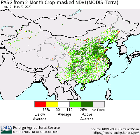 China, Mongolia and Taiwan PASG from 2-Month Cropland NDVI (Terra-MODIS) Thematic Map For 3/11/2020 - 3/20/2020