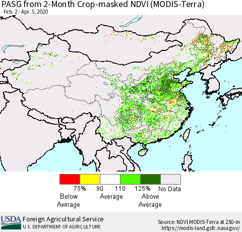 China, Mongolia and Taiwan PASG from 2-Month Cropland NDVI (Terra-MODIS) Thematic Map For 4/1/2020 - 4/10/2020